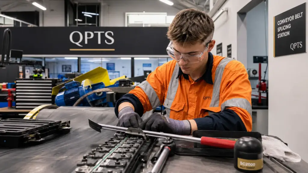 Tradesperson practising belt splicing in a polymer processing training facility
