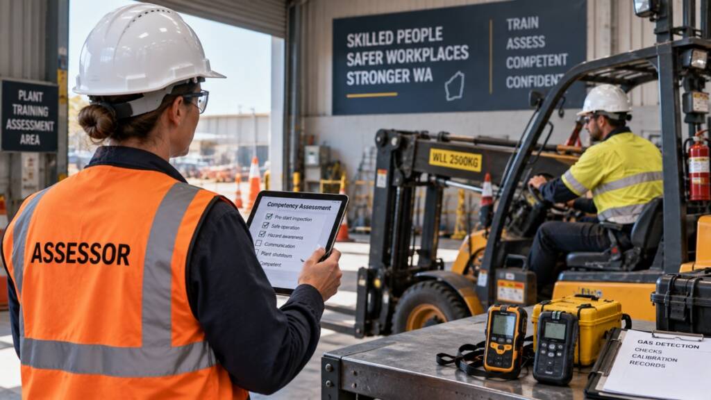 Assessor verifying a worker's competency on plant during a workplace assessment in Western Australia.