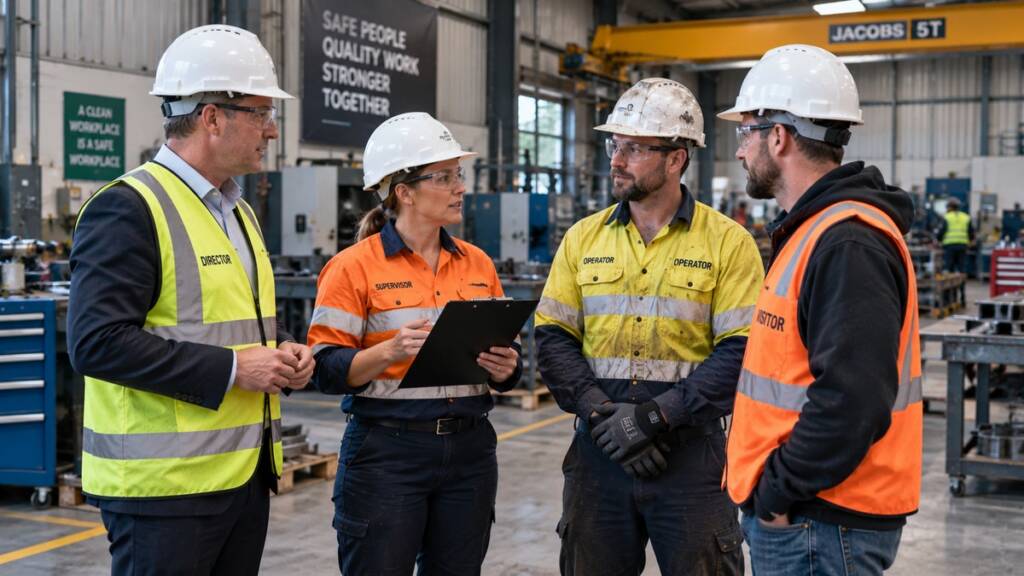 Director, supervisor, operator and contractor on a workshop floor, showing the four duty holders under the WHS Act 2020