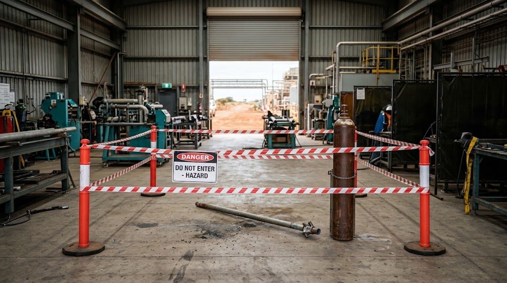 Incident site preserved with barrier tape and equipment left in place until a WorkSafe inspector arrives