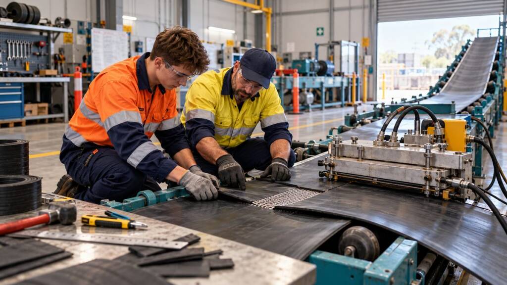 Supervisor guiding a polymer processing trainee cutting rubber on a conveyor belt splice